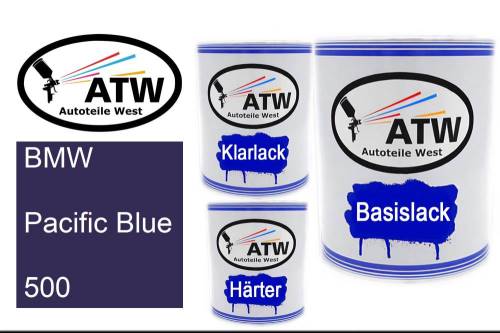 BMW, Pacific Blue, 500: 1L Lackdose + 1L Klarlack + 500ml Härter - Set, von ATW Autoteile West.